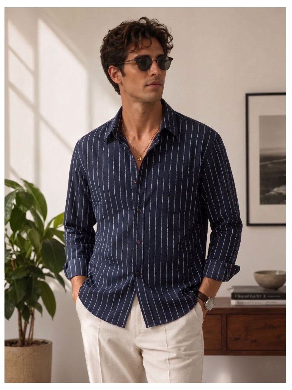 ZARA Slim Fit Dress Shirt for Men - Black Silver Stripe Size L